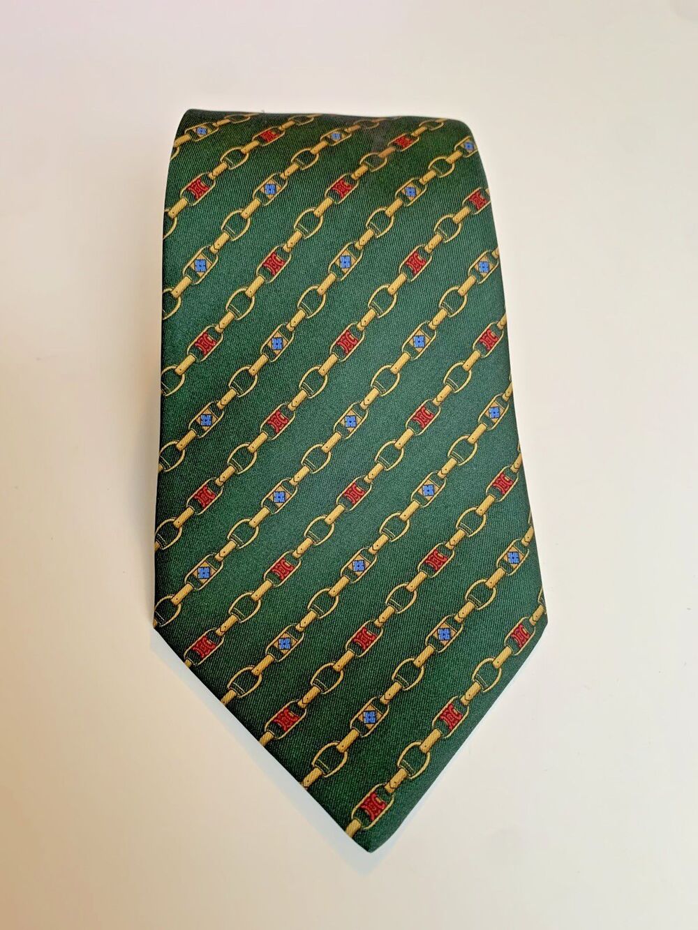 Vintage Celine Paris Designer Tie Green Chain Link & Heraldic Shield Motif Rare